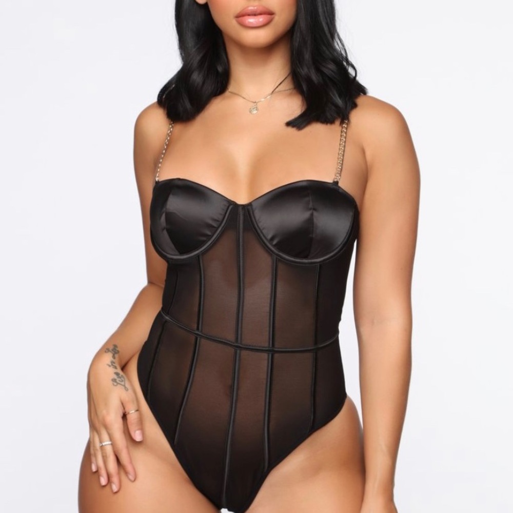 Black mesh and satin chained bodysuit